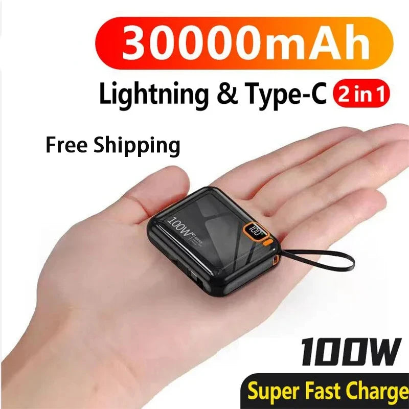 New 30000mAh Mini Power Bank PD100W Super Fast Charging USB To Type C Cable Two-way Portable Powerbank For iPhone Samsung Huawei