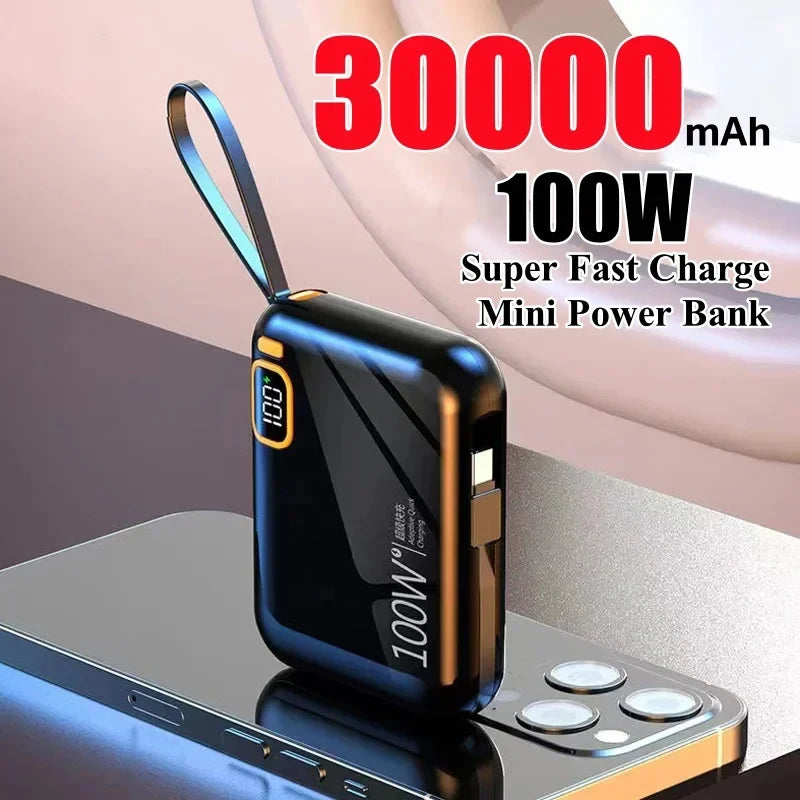 New 30000mAh Mini Power Bank PD100W Super Fast Charging USB To Type C Cable Two-way Portable Powerbank For iPhone Samsung Huawei