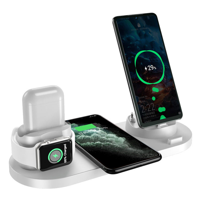 6-in-1 Wireless Charger: Apple Watch, headphones, and mobile phone holder with fast wireless charging.