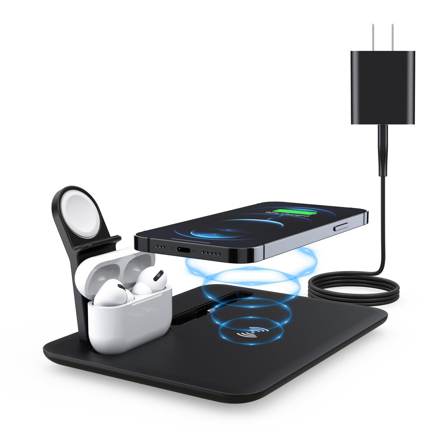 15W 4-in-1 desktop wireless charger: phone, headphones, and iWatch charging stand.