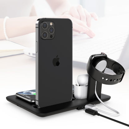 15W 4-in-1 desktop wireless charger: phone, headphones, and iWatch charging stand.