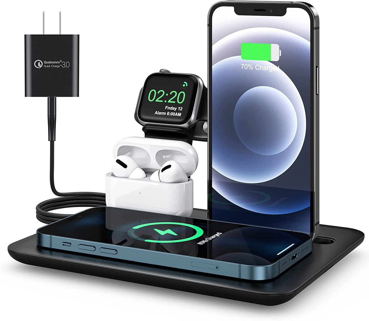 15W 4-in-1 desktop wireless charger: phone, headphones, and iWatch charging stand.