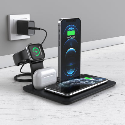 15W 4-in-1 desktop wireless charger: phone, headphones, and iWatch charging stand.